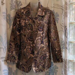 Coldwater Creek Tan + Purple Paisley Long Cotton Blazer Sz S